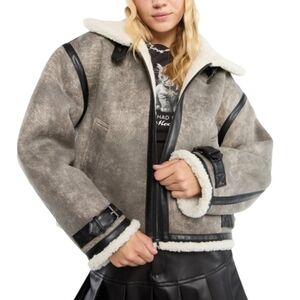 Zara Faux-Suede Shearling Marbled Gray Brown Size M Aviator Jacket Streetwear